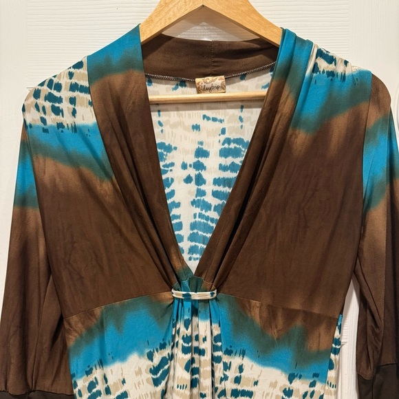 Vintage Y2K Top Women’s Large Babydoll V Neck Boho Western Brown Teal Made USA - Picture 4 of 9